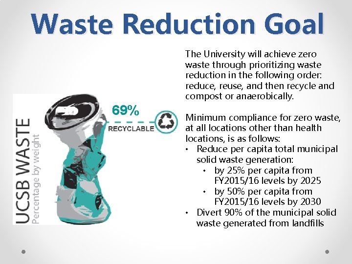 Waste Reduction Goal The University will achieve zero waste through prioritizing waste reduction in