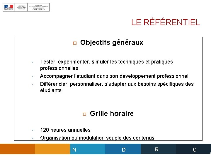 LE RÉFÉRENTIEL Objectifs généraux • Tester, expérimenter, simuler les techniques et pratiques professionnelles •