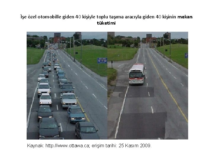 İşe özel otomobille giden 40 kişiyle toplu taşıma aracıyla giden 40 kişinin mekan tüketimi