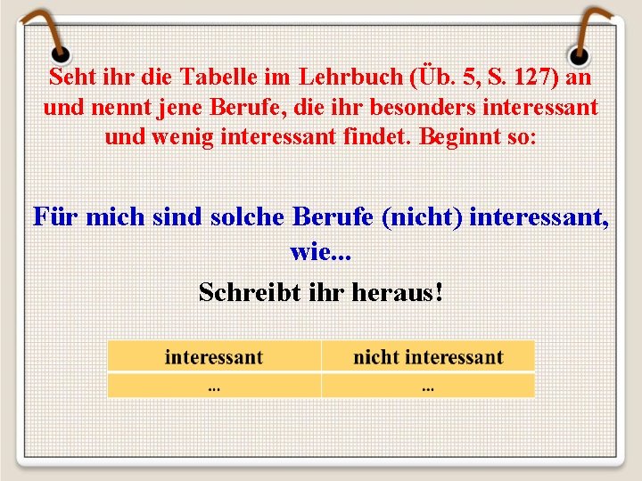 Seht ihr die Tabelle im Lehrbuch (Üb. 5, S. 127) an und nennt jene