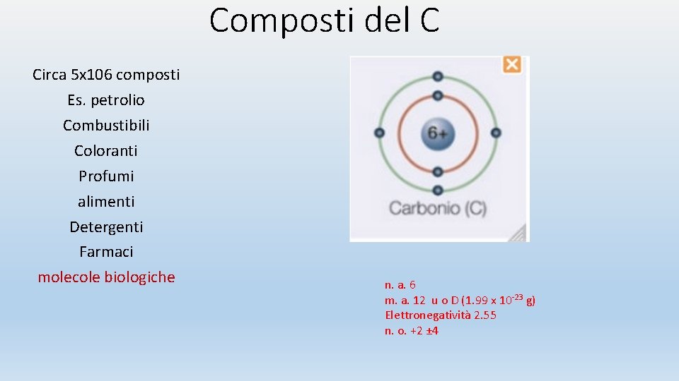 Composti del C Circa 5 x 106 composti Es. petrolio Combustibili Coloranti Profumi alimenti