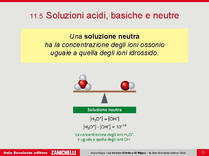 11. 5 Soluzioni acidi, basiche e neutre Una soluzione neutra ha la concentrazione degli