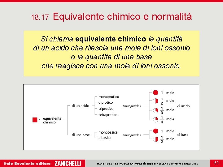 18. 17 Equivalente chimico e normalità Si chiama equivalente chimico la quantità di un