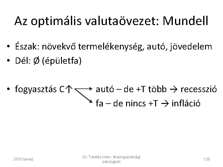 Az optimális valutaövezet: Mundell • Észak: növekvő termelékenység, autó, jövedelem • Dél: Ø (épületfa)
