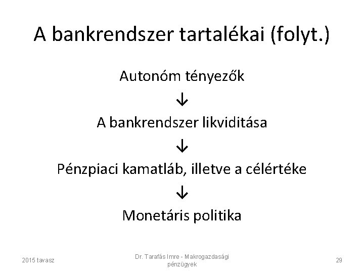 A bankrendszer tartalékai (folyt. ) Autonóm tényezők ↓ A bankrendszer likviditása ↓ Pénzpiaci kamatláb,