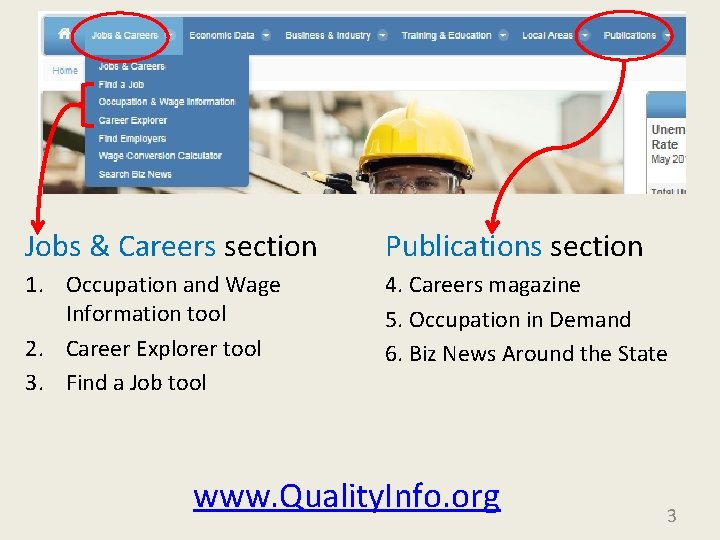 Jobs & Careers section Publications section 1. Occupation and Wage Information tool 2. Career