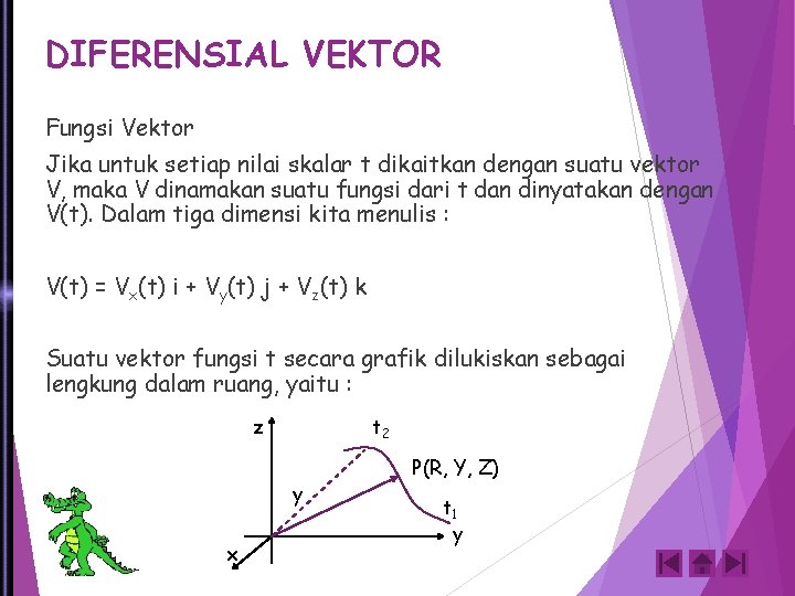 DIFERENSIAL VEKTOR Fungsi Vektor Jika untuk setiap nilai skalar t dikaitkan dengan suatu vektor