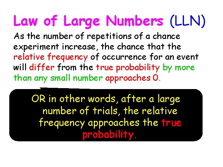 Law of Large Numbers (LLN) As the number of repetitions of a chance experiment