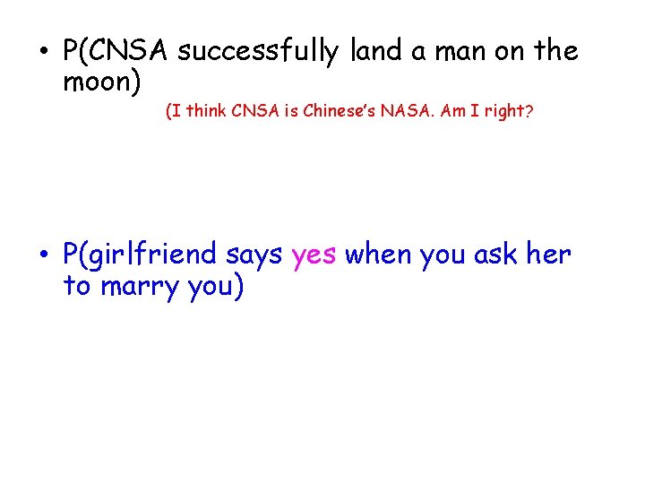  • P(CNSA successfully land a man on the moon) (I think CNSA is