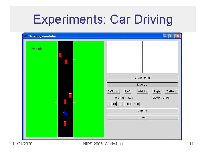 Experiments: Car Driving 11/21/2020 NIPS 2003, Workshop 11 