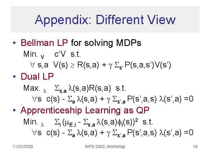 Appendix: Different View • Bellman LP for solving MDPs Min. V c’V s. t.