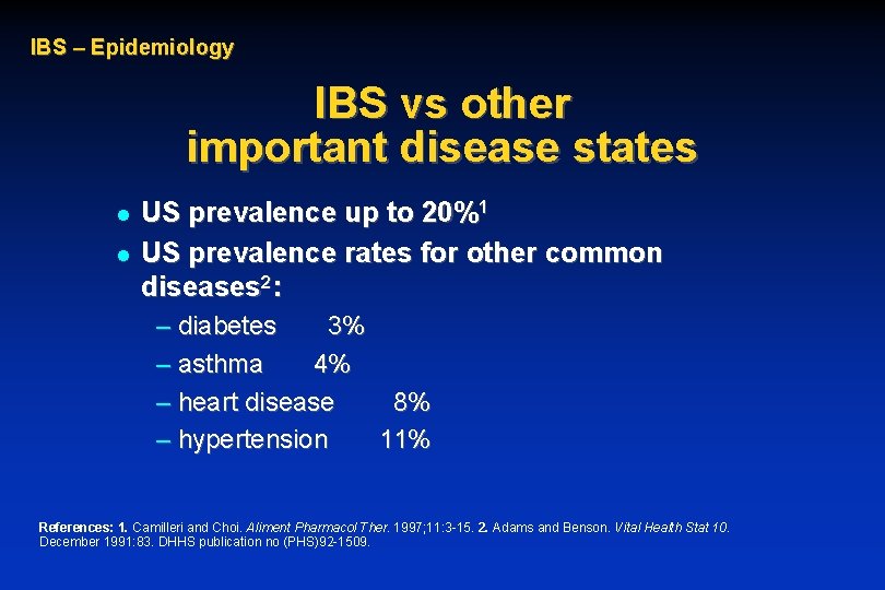IBS – Epidemiology IBS vs other important disease states l l US prevalence up