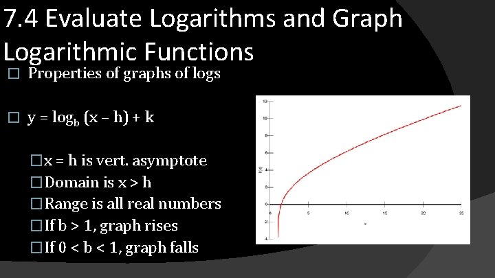 7. 4 Evaluate Logarithms and Graph Logarithmic Functions � Properties of graphs of logs