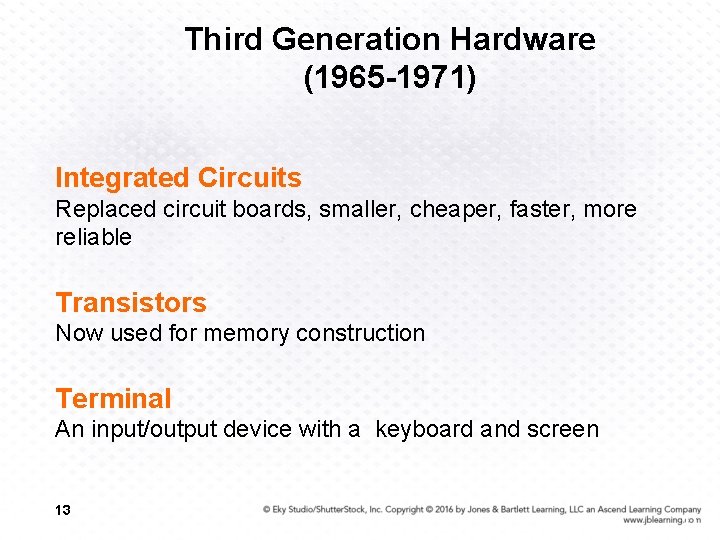 Third Generation Hardware (1965 -1971) Integrated Circuits Replaced circuit boards, smaller, cheaper, faster, more