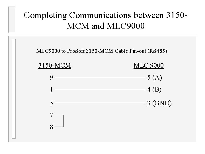 Completing Communications between 3150 MCM and MLC 9000 to Pro. Soft 3150 -MCM Cable