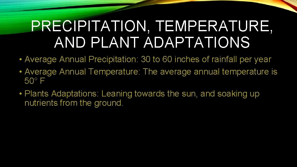 PRECIPITATION, TEMPERATURE, AND PLANT ADAPTATIONS • Average Annual Precipitation: 30 to 60 inches of