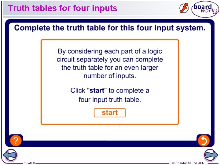 Truth tables for four inputs 18 of 33 © Boardworks Ltd 2009 Truth tables for four inputs 18 of 33 © Boardworks Ltd 2009