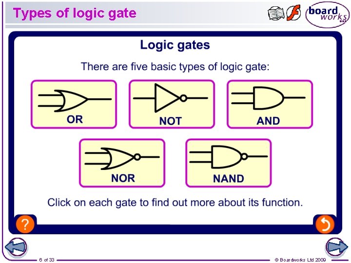 Types of logic gate 6 of 33 © Boardworks Ltd 2009 Types of logic gate 6 of 33 © Boardworks Ltd 2009
