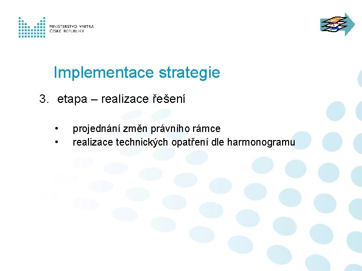 Implementace strategie 3. etapa – realizace řešení • • projednání změn právního rámce realizace