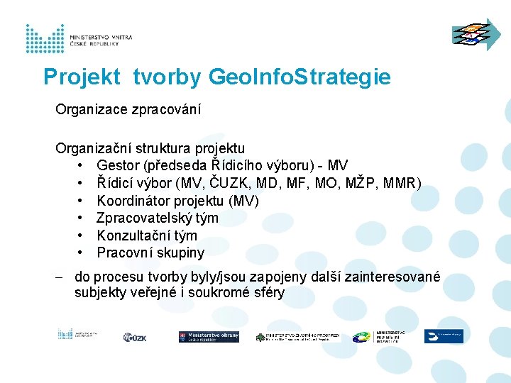 Projekt tvorby Geo. Info. Strategie Organizace zpracování Organizační struktura projektu • Gestor (předseda Řídicího