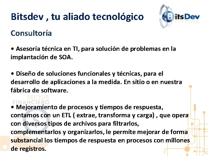 Bitsdev , tu aliado tecnológico Consultoría • Asesoría técnica en TI, para solución de