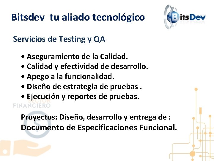 Bitsdev tu aliado tecnológico Servicios de Testing y QA • Aseguramiento de la Calidad.