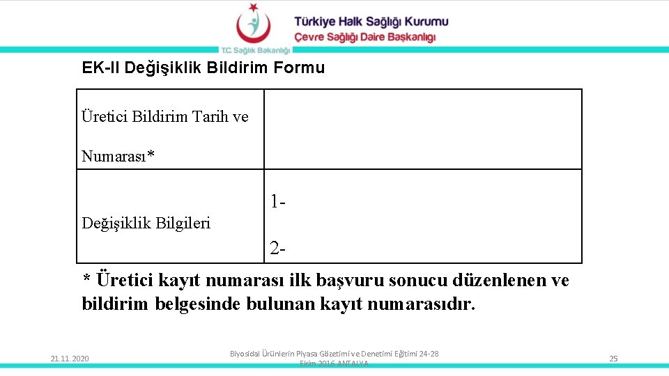 EK-II Değişiklik Bildirim Formu Üretici Bildirim Tarih ve Numarası* 1 Değişiklik Bilgileri 2* Üretici