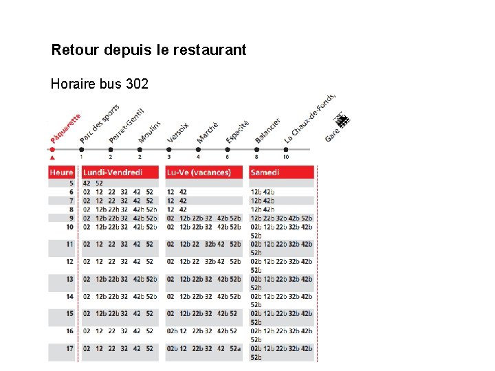 Retour depuis le restaurant Horaire bus 302 