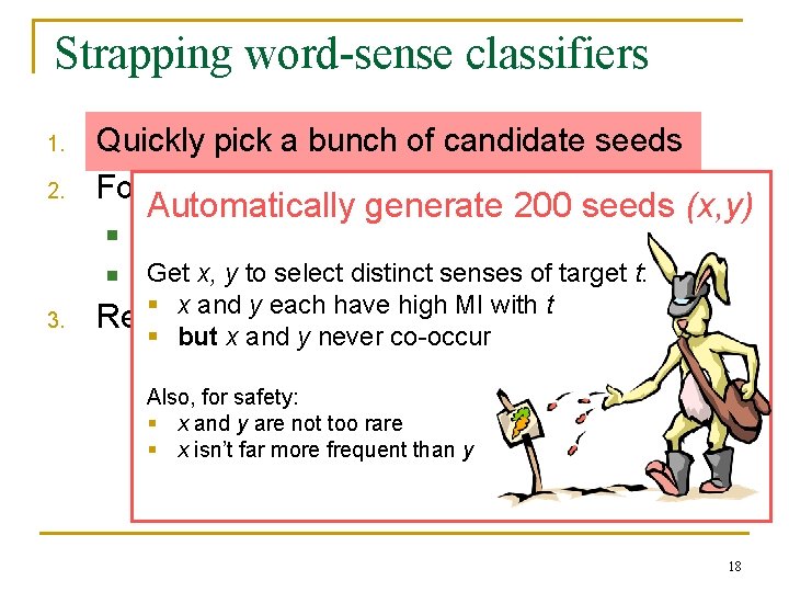 Strapping word-sense classifiers 1. 2. Quickly pick a bunch of candidate seeds For each