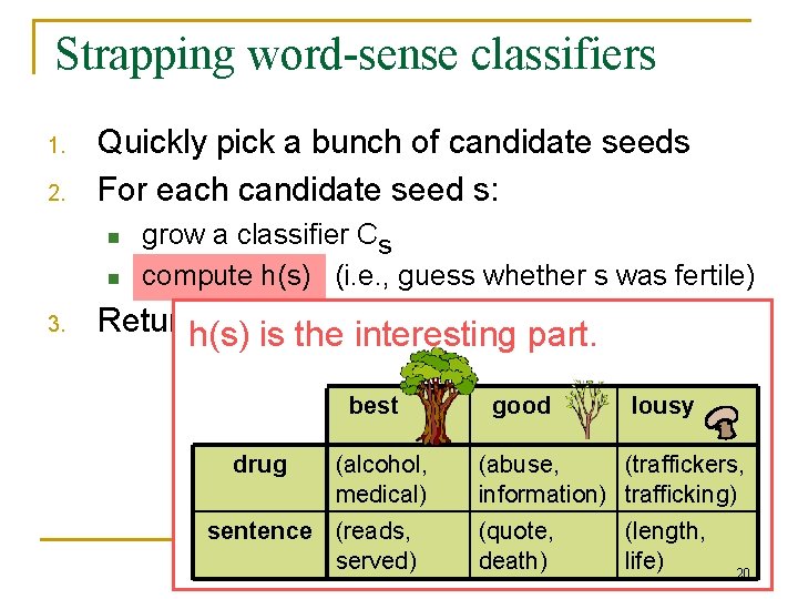 Strapping word-sense classifiers 1. 2. Quickly pick a bunch of candidate seeds For each