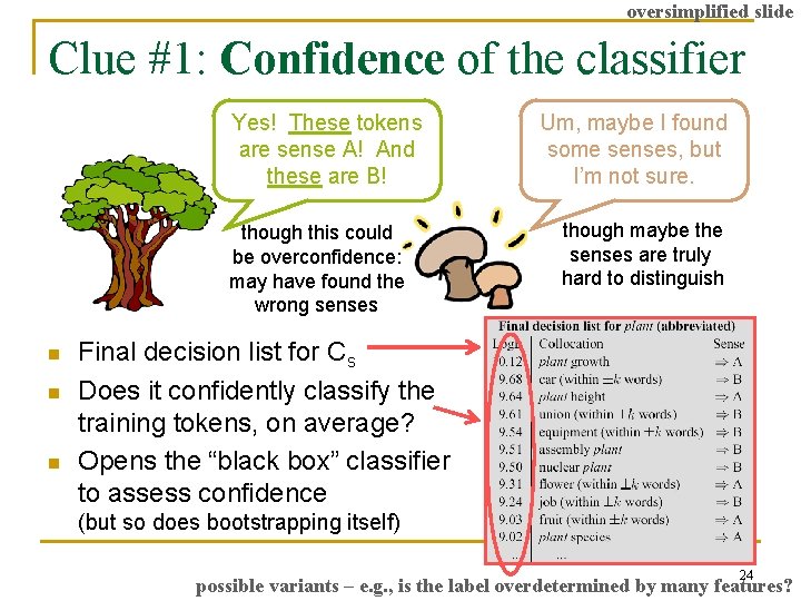 oversimplified slide Clue #1: Confidence of the classifier Yes! These tokens are sense A!