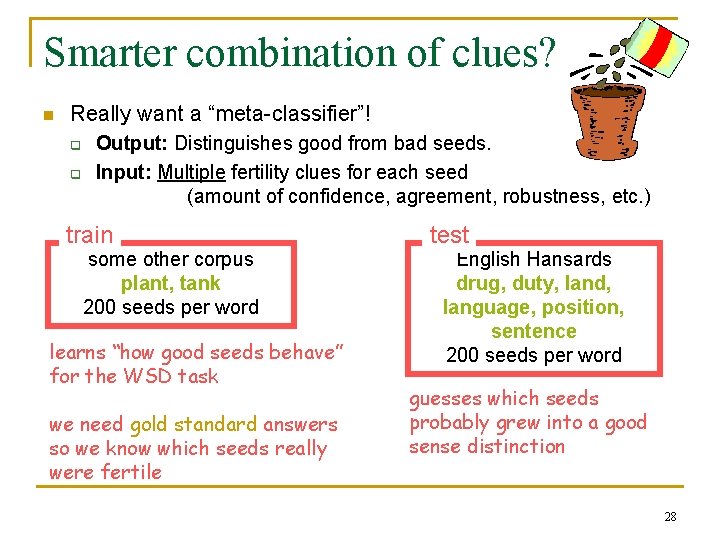 Smarter combination of clues? n Really want a “meta-classifier”! q q Output: Distinguishes good