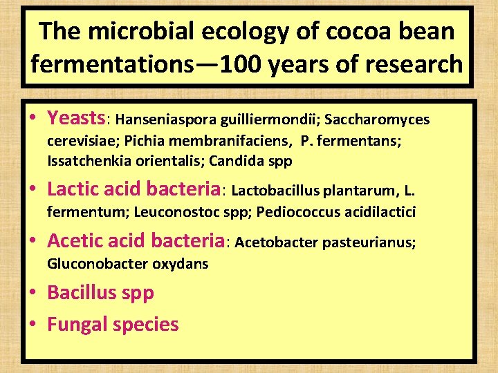 The microbial ecology of cocoa bean fermentations— 100 years of research • Yeasts: Hanseniaspora