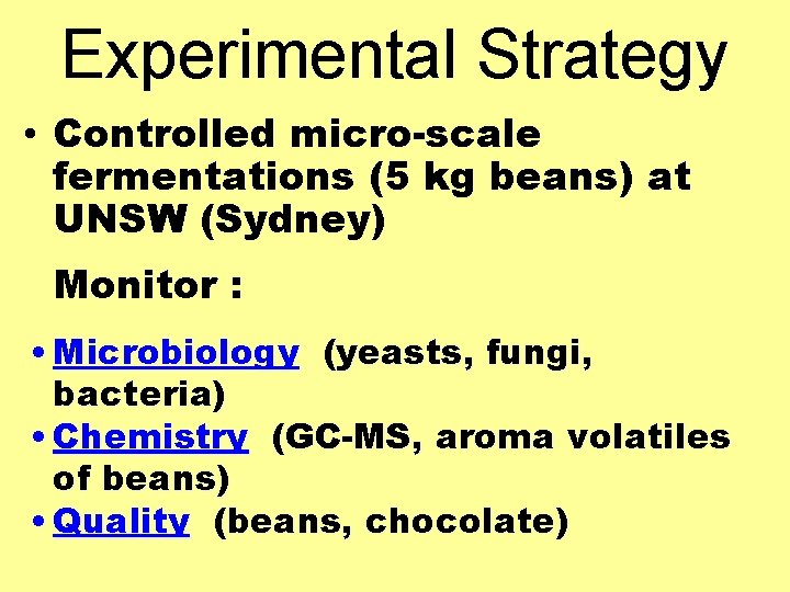 Experimental Strategy • Controlled micro-scale fermentations (5 kg beans) at UNSW (Sydney) Monitor :