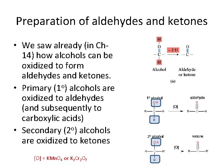 Preparation of aldehydes and ketones • We saw already (in Ch 14) how alcohols