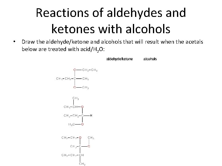 Reactions of aldehydes and ketones with alcohols • Draw the aldehyde/ketone and alcohols that