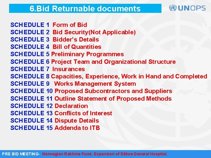 6. Bid Returnable documents SCHEDULE 1 Form of Bid SCHEDULE 2 Bid Security(Not Applicable)