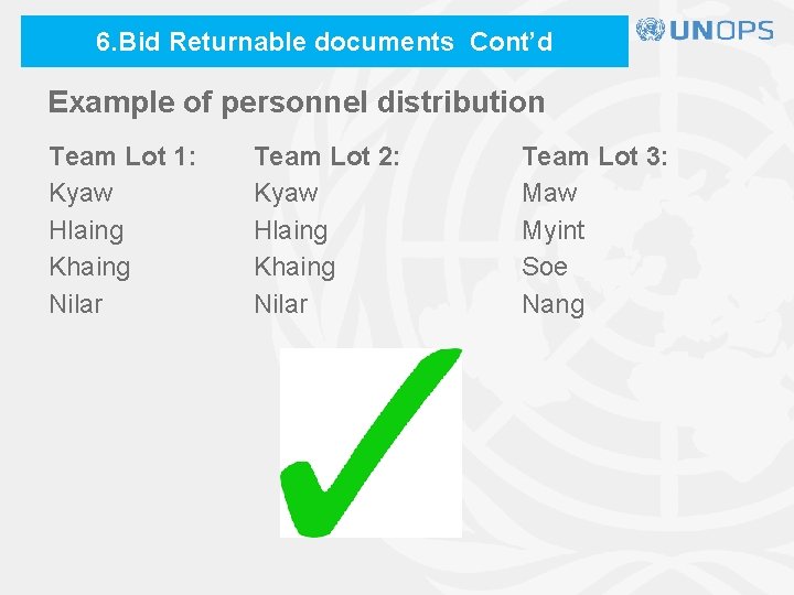 6. Bid Returnable documents Cont’d Example of personnel distribution Team Lot 1: Kyaw Hlaing