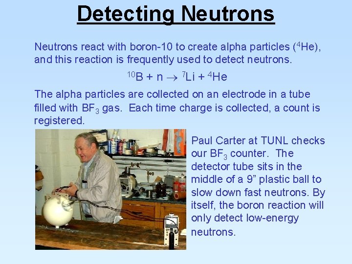 Detecting Neutrons react with boron-10 to create alpha particles (4 He), and this reaction