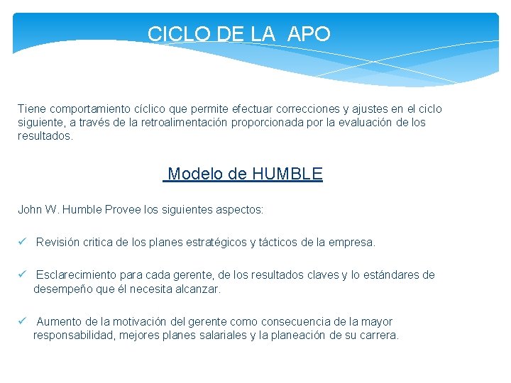 CICLO DE LA APO Tiene comportamiento cíclico que permite efectuar correcciones y ajustes en