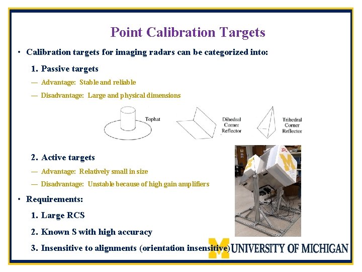 Point Calibration Targets • Calibration targets for imaging radars can be categorized into: 1.