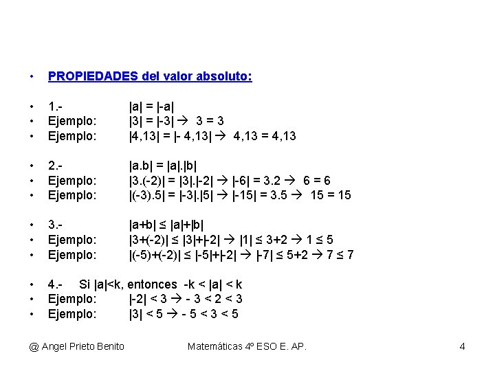  • PROPIEDADES del valor absoluto: • • • 1. Ejemplo: |a| = |-a|