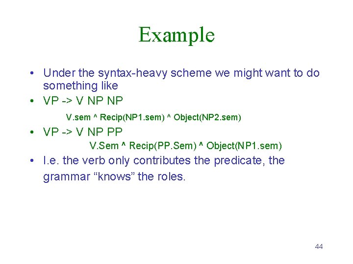 Example • Under the syntax-heavy scheme we might want to do something like •