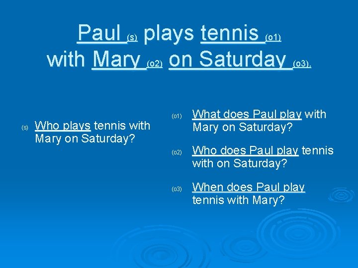 Paul (s) plays tennis (o 1) with Mary (o 2) on Saturday (o 3).