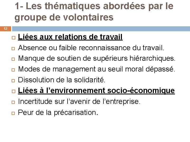 1 - Les thématiques abordées par le groupe de volontaires 12 Liées aux relations