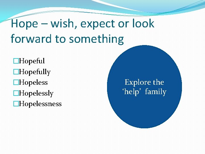 Hope – wish, expect or look forward to something �Hopefully �Hopelessly �Hopelessness Explore the