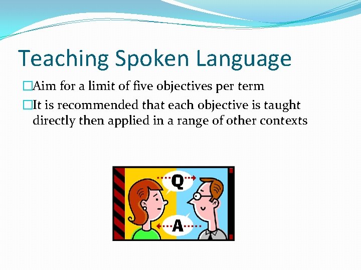 Teaching Spoken Language �Aim for a limit of five objectives per term �It is