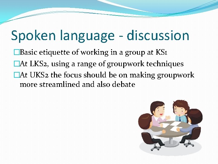 Spoken language - discussion �Basic etiquette of working in a group at KS 1