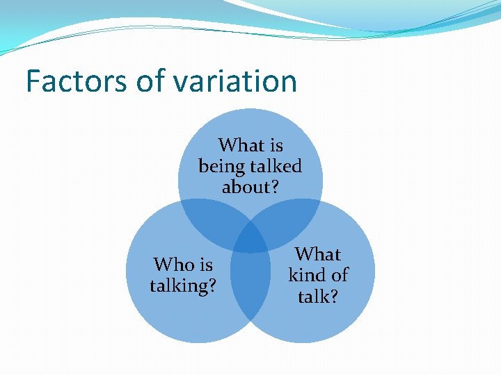 Factors of variation What is being talked about? Who is talking? What kind of