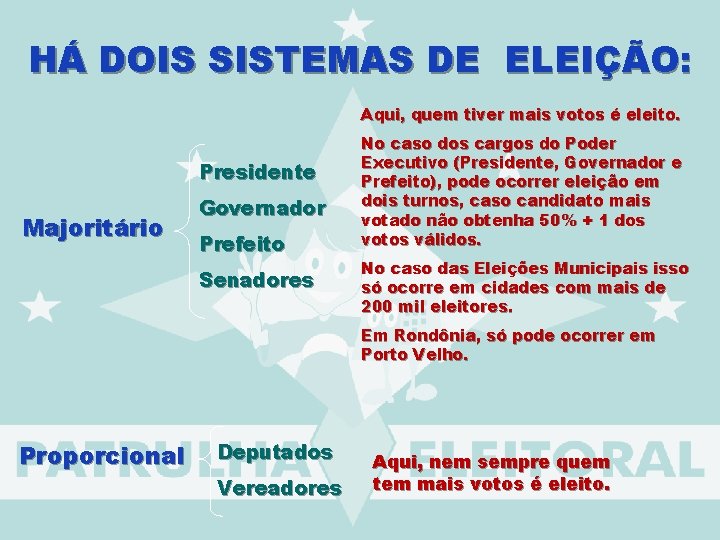 HÁ DOIS SISTEMAS DE ELEIÇÃO: Aqui, quem tiver mais votos é eleito. Presidente Majoritário